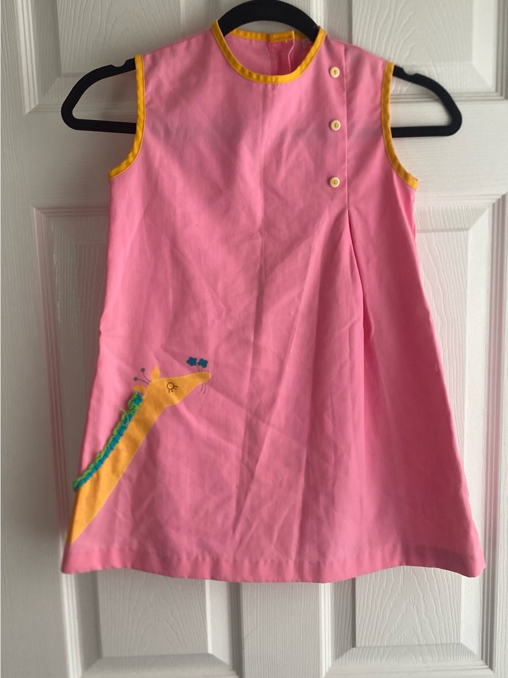 Girls Vintage Pink Sleeveless Dress with Yellow Trim and Giraffe Applique